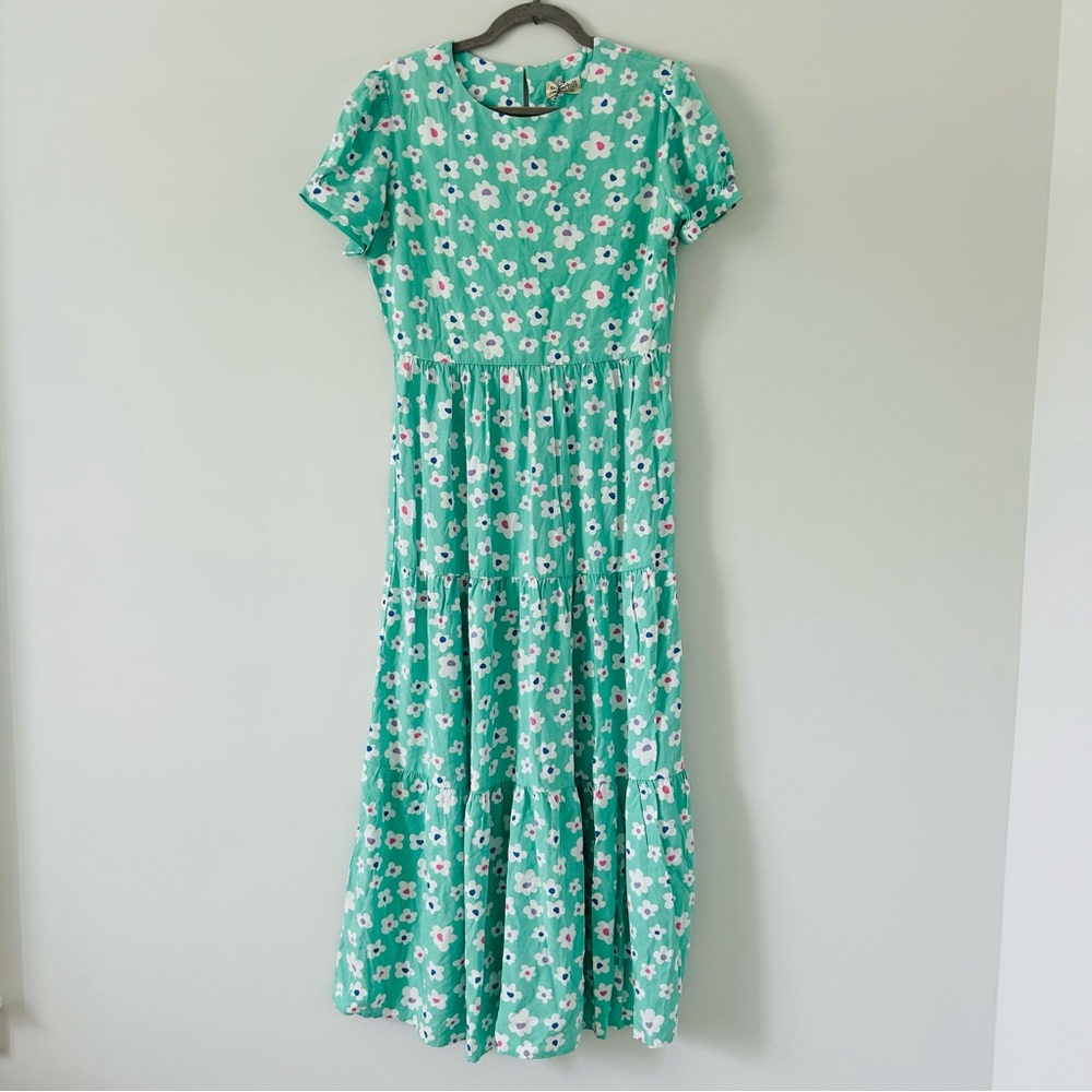 Sugarhill Brighton London Polly Maxi Tiered Dress Green Rainbow Daises NWT 6
